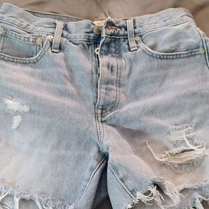 Madewell Mid Length Relaxed Light Blue Ripped Jean Shorts